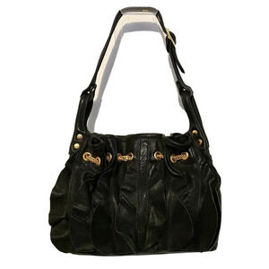 WOMEN'S Be & D HOBO SHOULDER BAG BLACK LEATHER WITH RUFFLES AND CHAIN MADE USA